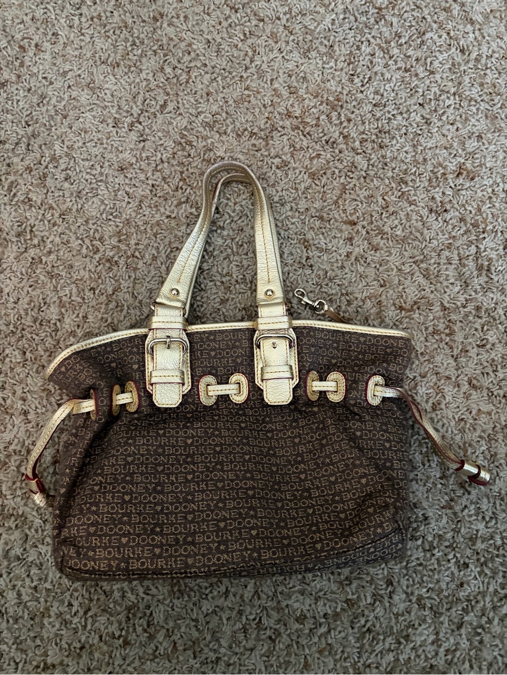 Dooney & Bourke Brown Logo Satchel with Gold Handles